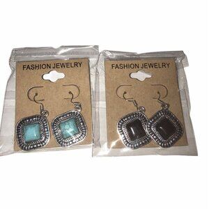 Fashion Jewelry Lot Of 2 Earrings Turquoise & Black Dangle Design Sliver Tone